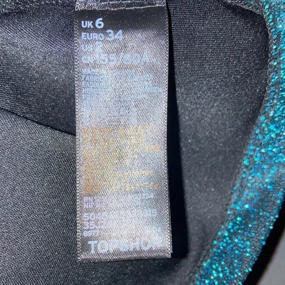 TopShop Teal Metallic Tinsel Cold Shoulder Mini Dress 2 Shiny Formal Short - Picture 6 of 7